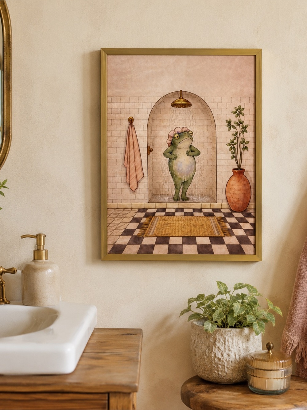 Whimsical Green Frog Shower Wall Art - Charming  Bathroom Print 12x16